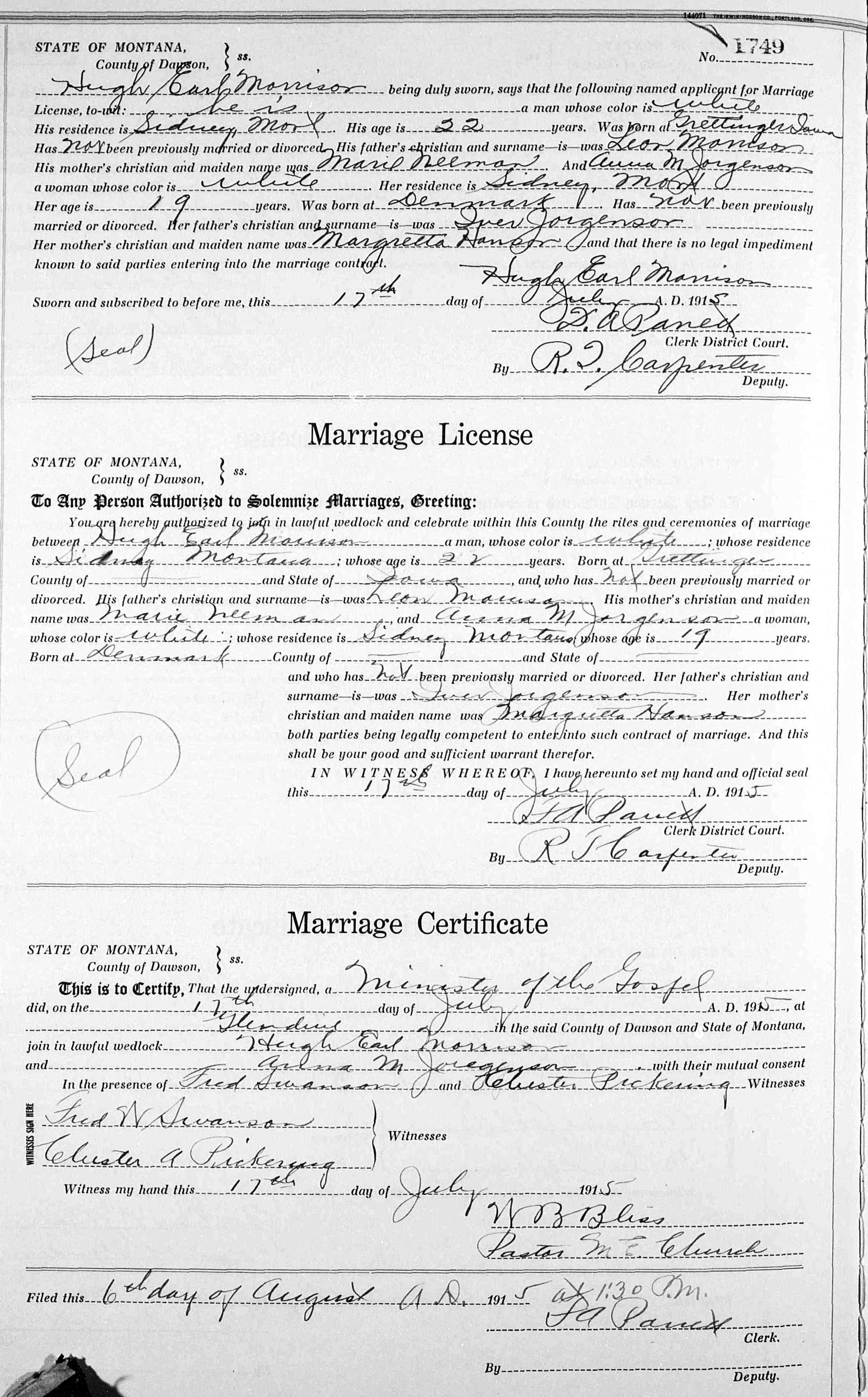 Marriage License and Certificate for Hugh Earl Morrison and Anna Jorgensen